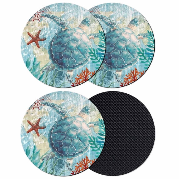 Sea Turtle Coastal Coasters Set of 4, Absorbent Coasters for Drinks, Nautical Summer Coral Ocean Vintage Coaster for Desk Coffee Table Protection, Home Decor House Warming Gifts 4"