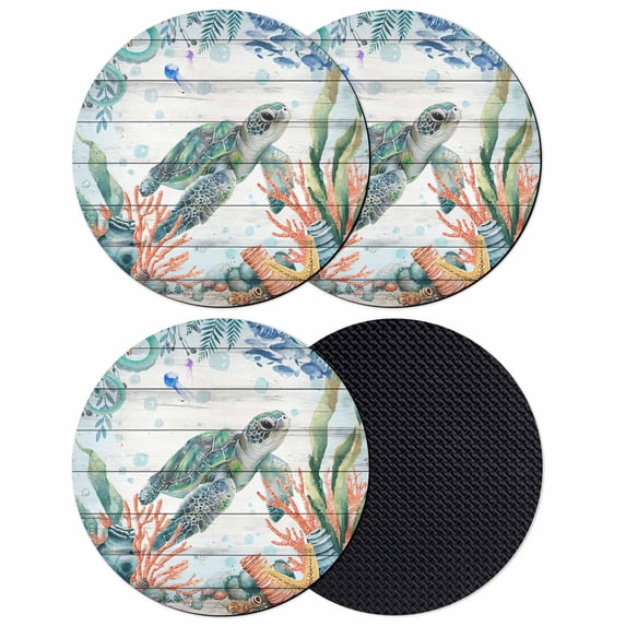 Sea Turtle Coastal Coasters Set of 4, Absorbent Coasters for Drinks, Summer Nautical Starfish Coral Grey Wooden Coaster for Desk Coffee Table Protection, Home Decor House Warming Gifts 4"