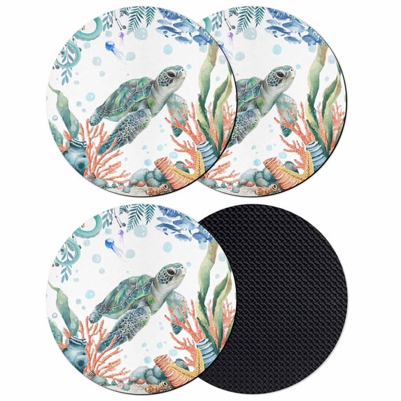 Sea Turtle Coastal Coasters Set of 4, Absorbent Coasters for Drinks, Summer Nautical Starfish Coral Ocean Coaster for Desk Coffee Table Protection, Home Decor House Warming Gifts 4"