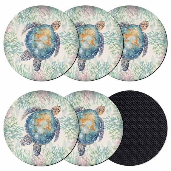Sea Turtle Coastal Coasters Set of 6, Absorbent Coasters for Drinks, Blue Green Summer Beach Coral Ocean Coaster for Desk Coffee Table Protection, Home Decor House Warming Gifts 4"