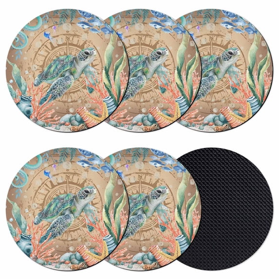 Sea Turtle Coastal Coasters Set of 6, Absorbent Coasters for Drinks, Summer Nautical Starfish Coral Brown Anchor Coaster for Desk Coffee Table Protection, Home Decor House Warming Gifts 4"