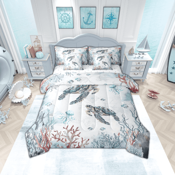 Sea Turtle Coastal Comforter Set 7 Piece Bed in a Bag Twin,Blue Ocean Coral Nautical Bedding Set Jellyfish Sheet Sets with Comforter Beach Bed Set,Kawaii Tortoise Room Decor