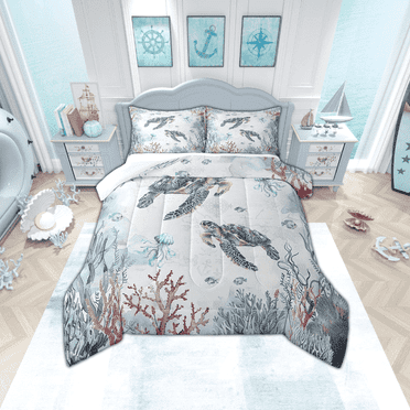 Sea Turtle Coastal Comforter Set Blue Ocean Coral Nautical Queen Bedding Comforter Sets,Jellyfish Quilt Beach Duvet Insert,Kawaii Tortoise Room Decor