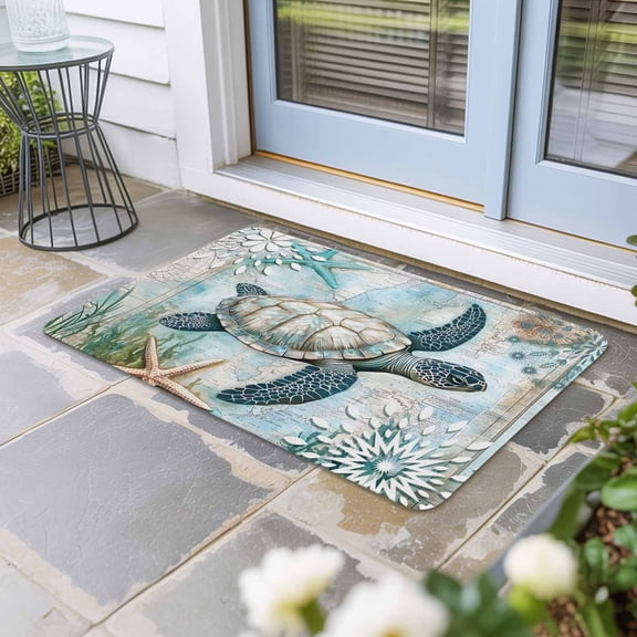 Sea Turtle Coastal Door Mat Indoor Outdoor, Starfish Coral Summer Beach Non Slip Welcome Mat with Rubber Backing, Absorbent Fabric Front Door Mats Entryway Rug for Home Patio Entrance 24"x36"