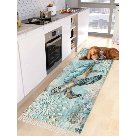 Sea Turtle Coastal Entryway Runner Rug 2x4ft,Vintage Teal Nautical Beach Botanical Washable Woven Living Room Hallway Bedroom Kitchen Carpet with Tassels,Indoor Outdoor Throw Door Mat for Entryway