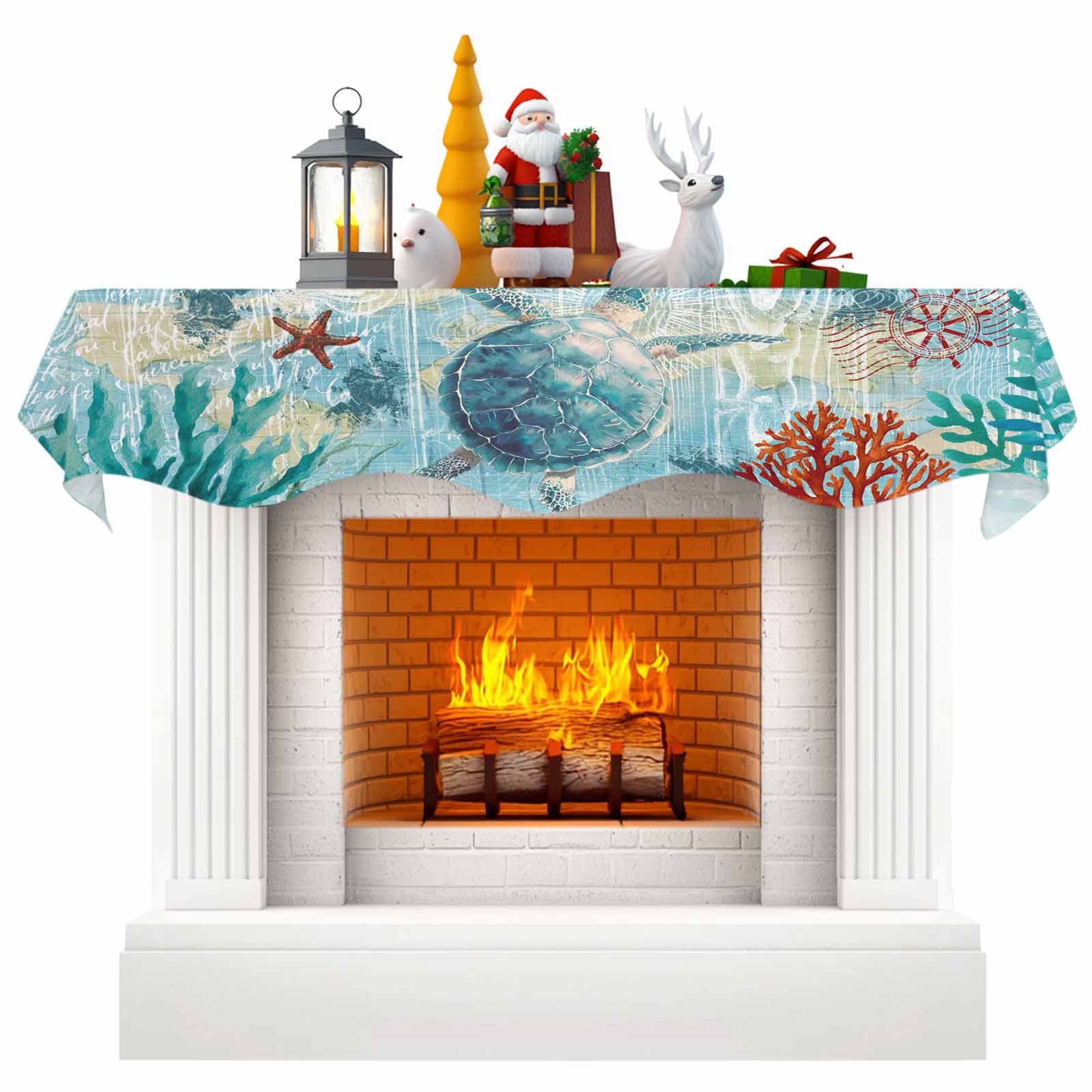 Sea Turtle Coastal Fireplace Mantel Scarf Table Runner, Nautical Summer