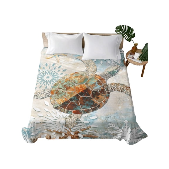 Sea Turtle Coastal Flat Sheet Only Twin Size, Soft Breathable Bed Top Sheets for Mattress, Nautical Starfish Botanical Ocean Luxury Bedding Flat Sheets for Home Hotel Bedroom Bed Protection
