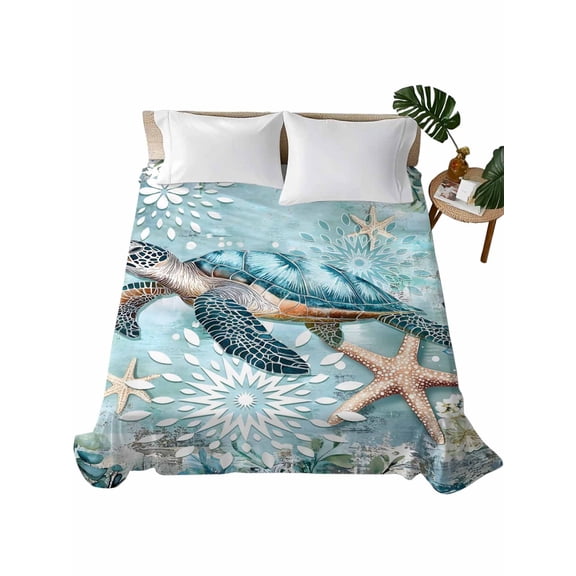 Sea Turtle Coastal Flat Sheets Only King Size, Soft Breathable Bed Top Sheets for Mattress, Vintage Teal Nautical Beach Botanical Luxury Bedding Flat Sheets for Home Hotel Bedroom Bed Protection