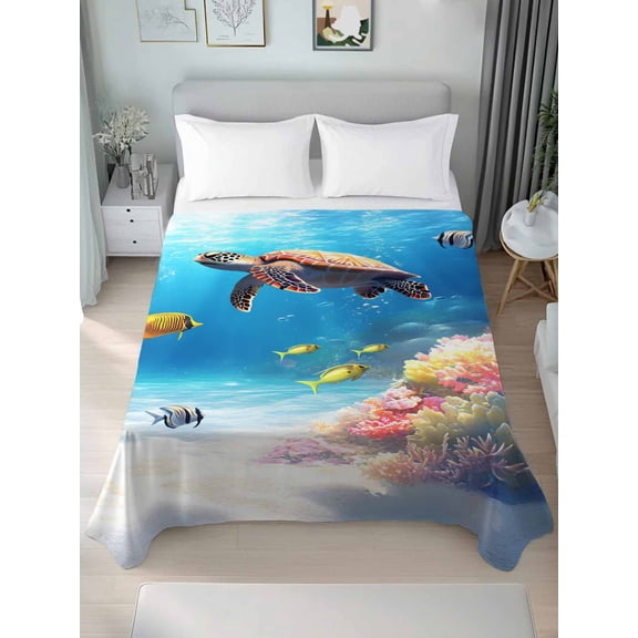 Sea Turtle Coastal Full Size Flat Sheet, Wrinkleproof & Fadeproof Cooling Flat Bed Sheet Only, Summer Beach Coral Ocean Fishes Breathable Soft Bedding Top Sheets 81 x 96 Inches