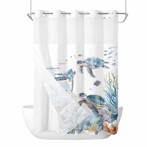 Sea Turtle Coastal No Hook Shower Curtain with Snap in Liner, Summer Beach Coral Ocean Blue Nautical Double-Layer Waterproof Fabric Shower Curtains for Bathroom Hotel Bathtub, Mesh Top 60"x72"