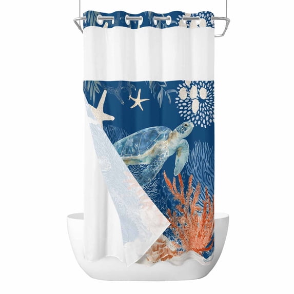 Sea Turtle Coastal No Hook Shower Curtain with Snap in Liner, Waterproof Fabric Shower Curtains, Summer Beach Coral Nautical Navy Blue Shower Curtain Set Top See Through for Bathroom 36"x78"