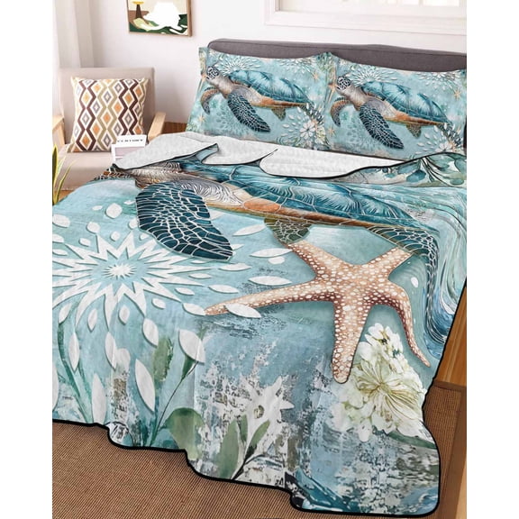 Sea Turtle Coastal King Size Down Alternative Comforter,Lightweight Comforter Quilt Bedding Set with Pillow Shams Vintage Teal Nautical Beach Botanical All Seasons Bed Comforter Duvet Insert 96"x106"