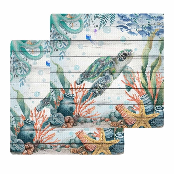 Sea Turtle Coastal Kitchen Dish Towels for Drying Dishes Set of 2, Summer Nautical Starfish Coral Grey Wooden Waffle Weave Microfiber Hand Tea Bathroom Towels Quick Dry & Absorbent Towel 12x12