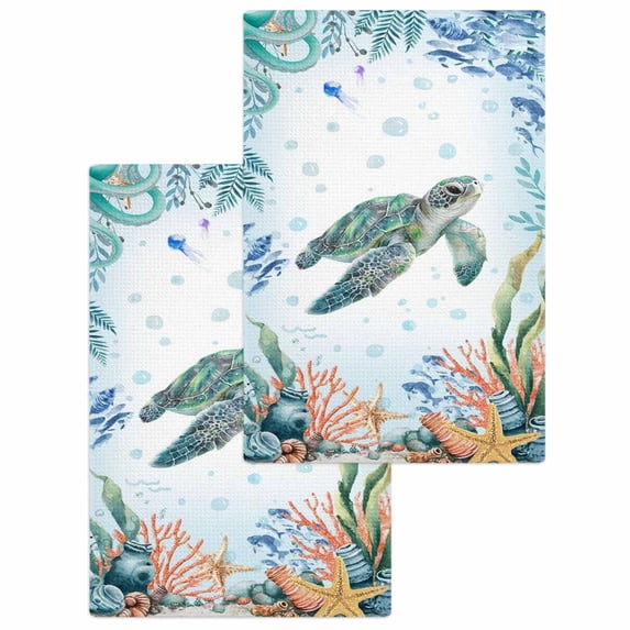 Sea Turtle Coastal Kitchen Dish Towels for Drying Dishes Set of 2, Summer Nautical Starfish Coral Ocean Waffle Weave Microfiber Hand Tea Bathroom Towels Quick Dry & Absorbent Towel 15.7x23.6