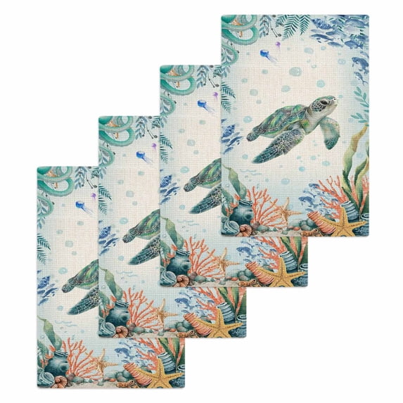 Sea Turtle Coastal Kitchen Dish Towels for Drying Dishes Set of 4, Summer Nautical Starfish Coral Beige Waffle Weave Microfiber Hand Tea Bathroom Towels Quick Dry & Absorbent Towel 15.7x23.6