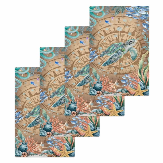Sea Turtle Coastal Kitchen Dish Towels for Drying Dishes Set of 4, Summer Nautical Starfish Coral Brown Anchor Waffle Weave Microfiber Hand Tea Bathroom Towels Quick Dry & Absorbent Towel 15.7x23.6