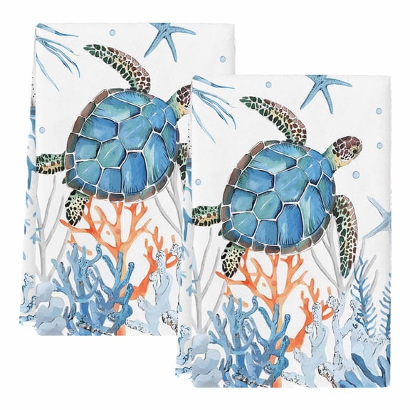 Sea Turtle Coastal Kitchen Towels Set of 2, Absorbent Microfiber Dish Tea Towels with Hanging Loop, Nautical Summer Beach Coral Ocean Resuable Hand Towel for Home Kitchen Cooking Cleaning 18"x28"