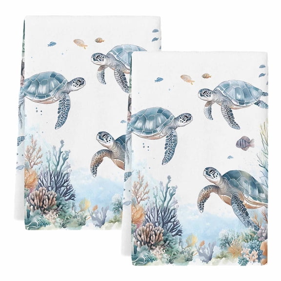 Sea Turtle Coastal Kitchen Towels Set of 2,Absorbent Microfiber Dish Tea Towels with Hanging Loop,Summer Beach Coral Ocean Blue Nautical Resuable Hand Towel for Home Kitchen Cooking Cleaning 18"x28"