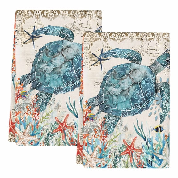 Sea Turtle Coastal Kitchen Towels Set of 2, Absorbent Microfiber Dish Tea Towels with Hanging Loop, Vintage Beach Coral Starfish Nautical Resuable Hand Towel for Home Kitchen Cooking Cleaning 18"x28"