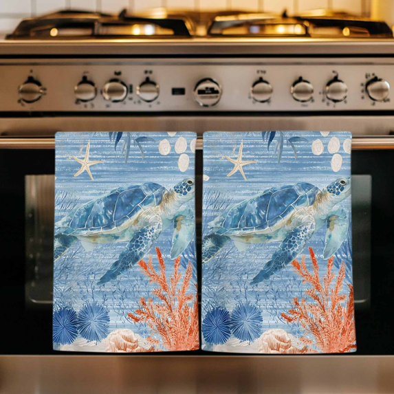 Sea Turtle Coastal Kitchen Towels Set of 2, Summer Beach Coral Nautical Retro Absorbent Dish Towels for Kitchen, Microfiber Hand Towel, Quick Drying Tea Towel for Cleaning Decorative Dishcloths