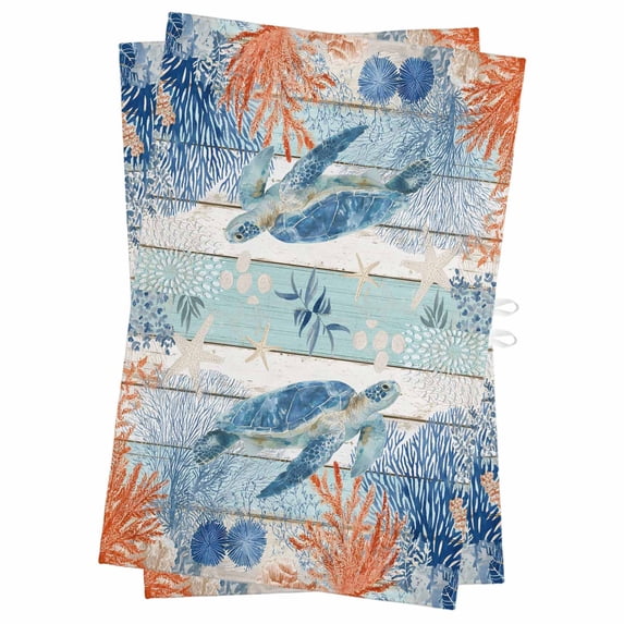 Sea Turtle Coastal Kitchen Towels Set of 2, Water Absorbent Dish Towel, Summer Beach Coral Nautical Teal Wood Decorative Hand Towels - Quick Drying Cloth for Cooking Baking, 18x28 Inch