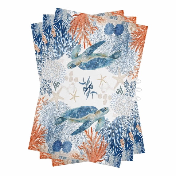 Sea Turtle Coastal Kitchen Towels Set of 3, Water Absorbent Dish Towel, Blue Red Summer Beach Coral Nautical Decorative Hand Towels - Quick Drying Cloth for Cooking Baking, 18x28 Inch