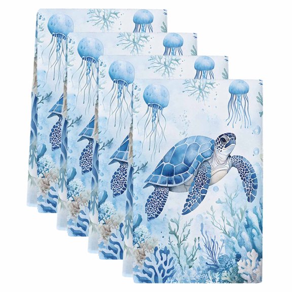 Sea Turtle Coastal Kitchen Towels Set of 4, Absorbent Microfiber Dish Tea Towels with Hanging Loop, Blue Summer Beach Coral Jellyfish Resuable Hand Towel for Home Kitchen Cooking Cleaning 18"x28"