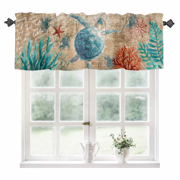 Sea Turtle Coastal Kitchen Valances for Windows 42x18 Inch Kitchen Curtains Valances Rod Pocket Brown Nautical Summer Coral Ocean Bathroom Window Valances for Window Treatment Decor