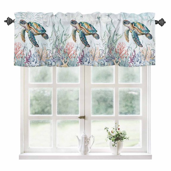 Sea Turtle Coastal Kitchen Valances for Windows 54x18 Inch Kitchen Curtains Valances Rod Pocket Summer Beach Coral Ocean Seaweed Bathroom Window Valances for Window Treatment Decor
