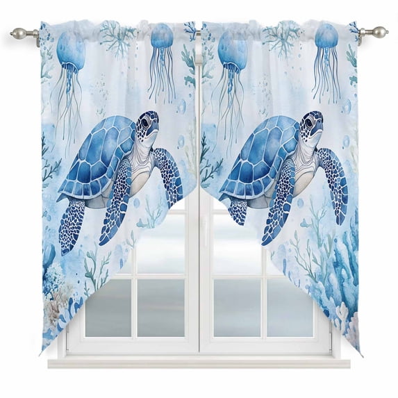 Sea Turtle Coastal Kitchen Window Curtains, Swag Curtains Valance for Bedroom Living Room Bathroom, Blue Summer Beach Coral Jellyfish Rod Pocket Window Treatment Curtain Block Drapes 2 Panels 36"x63"