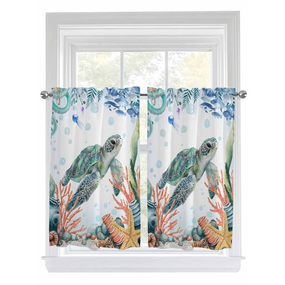 Sea Turtle Coastal Living Room Curtains 2 Panel, Summer Nautical Starfish Coral Ocean Cafe Window Treatment, Farmhouse Bedroom Bathroom Kitchen Curtains Drapes 104"x45"