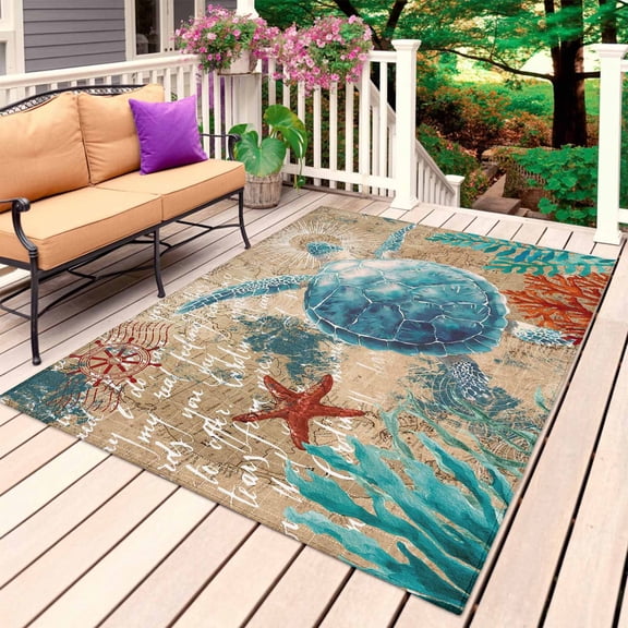 Sea Turtle Coastal Outdoor Rug 3x5 Ft, Non Slip Washable Area Rug, Brown Nautical Summer Coral Ocean Patio Rugs Carpet Runner, Large Floor Mat for Indoor/Outdoor Deck Porch Camping