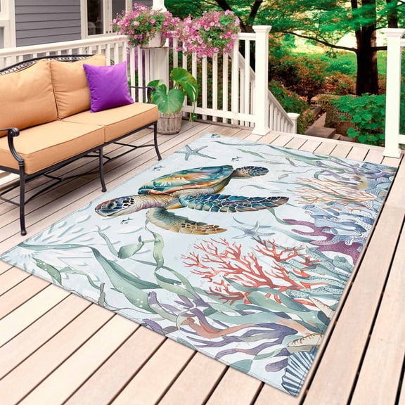 Sea Turtle Coastal Outdoor Rug for Patio/Deck/Porch, Non-Slip Large Area Rug 3 x 5 Ft, Summer Beach Coral Ocean Seaweed Indoor Outdoor Rugs Washable Area Rugs, Reversible Camping Rug Carpet Runner