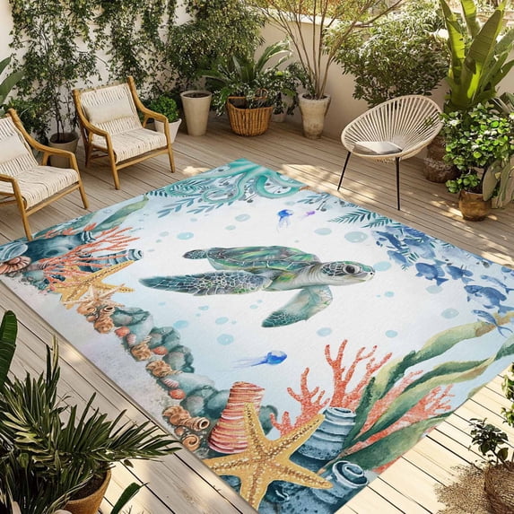 Sea Turtle Coastal Outdoor Rug for Patio/Deck/Porch, Non-Slip Large Area Rug 4 x 6 Ft, Summer Nautical Starfish Coral Ocean Indoor Outdoor Rugs Washable Area Rugs, Camping Rug Carpet Runner