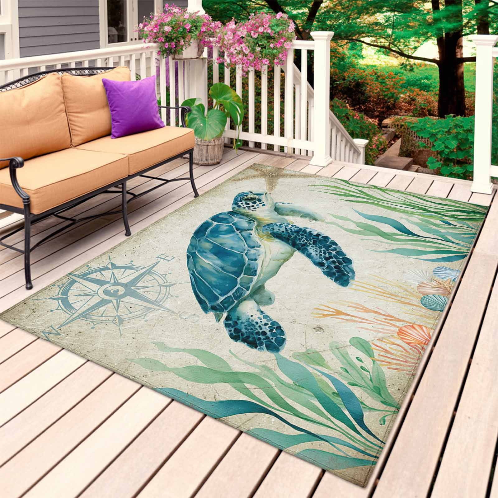 Turtle Themed Rug Sea Turtle Coastal Outdoor Rug for Patio/Deck/Porch, Non-Slip Large ...