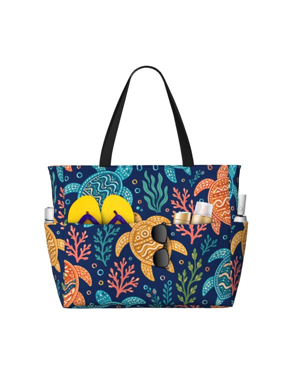 Sea Turtle Coastal Pattern Art Large Capacity Beach Travel Tote Bag Shoulder Handbag for Gym Camping Shopping
