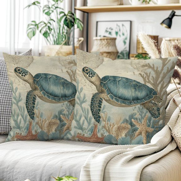 Sea Turtle Coastal Pillow Covers 18x18 Set of 2, Linen Look Polyester Throw Pillow Covers, Machine Washable Cushion Covers for Sofa Couch Bed Decor, No Inserts