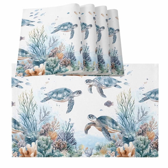 Sea Turtle Coastal Placemats for Dinning Table Set of 4,Summer Beach Coral Ocean Blue Nautical Burlap Kitchen Place Mats Waterproof Cloth Table Mats,Indoor Outdoor Placemats Easy Clean Dinner Decor