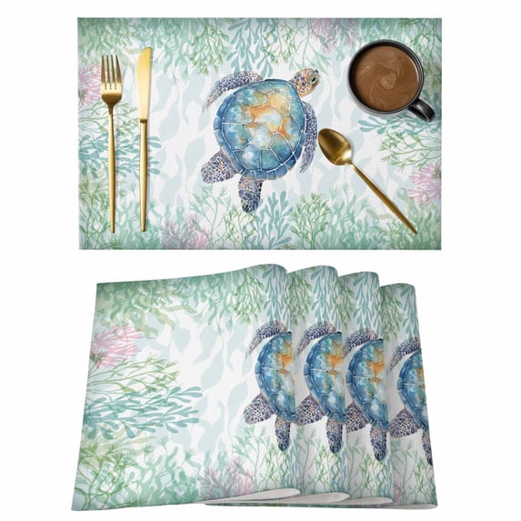 Sea Turtle Coastal Placemats Set of 12 Blue Green Summer Beach Coral Place Mats Indoor Wipeable Table Mats Washable Cloth Dining Table Placemats for Kitchen Holiday Party Home Decor 13x19 Inch