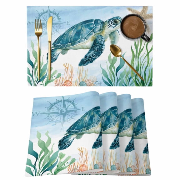 Sea Turtle Coastal Placemats Set of 4, Summer Beach Nautical Starfish Compass Placemats for Dining Table, Place Mats for Kitchen Tabletop, Waterproof Wipeable Dining Table Mats Set