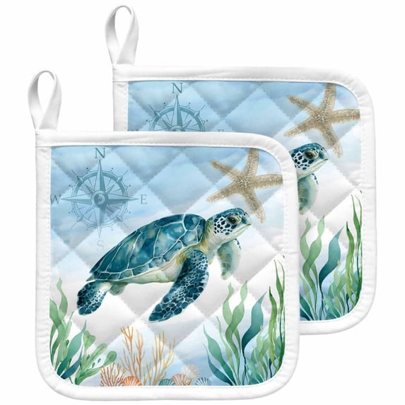 Sea Turtle Coastal Pot Holders for Kitchen Heatproof Potholder, 2 Pack Summer Beach Nautical Starfish Compass Hot Pads Multipurpose Oven Pads Cloth Potholders Trivet for Cooking and Baking