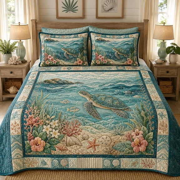 Sea Turtle Coastal Quilt Bed Set, Ocean Beach Bedspread