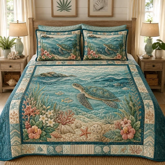 Sea Turtle Coastal Quilt Bed Set, Ocean Beach Bedspread