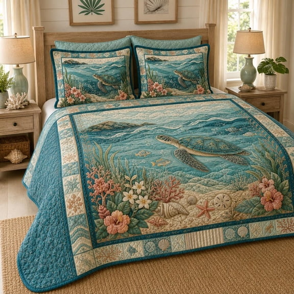 Sea Turtle Coastal Quilted 3-Piece Bedding Set, Ocean Beach Bedspread