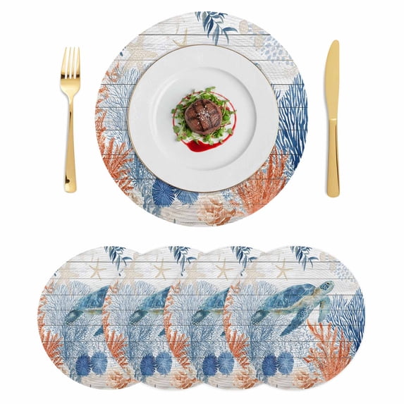 Sea Turtle Coastal Round 13 Inch Placemats Set of 4, Blue Red Summer Beach Coral Nautical Wood HeatResistant Non Slip Place Mats for Dining Table, Wipeable Braided Kitchen Table Mats for Housewarming