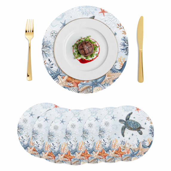 Sea Turtle Coastal Round 13 Inch Placemats Set of 6, Summer Coral Starfish Nautical Blue HeatResistant Non Slip Place Mats for Dining Table, Wipeable Braided Kitchen Table Mats for Housewarming