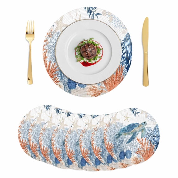 Sea Turtle Coastal Round 13 Inch Placemats Set of 8, Blue Red Summer Beach Coral Nautical HeatResistant Non Slip Place Mats for Dining Table, Wipeable Braided Kitchen Table Mats for Housewarming