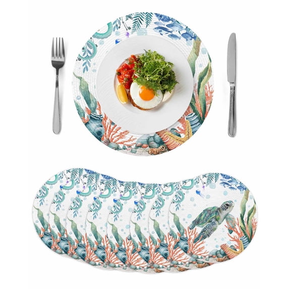 Sea Turtle Coastal Round 13 Inch Placemats Set of 8, Summer Nautical Starfish Coral Ocean HeatResistant Non Slip Place Mats for Dining Table, Wipeable Braided Kitchen Table Mats for Housewarming