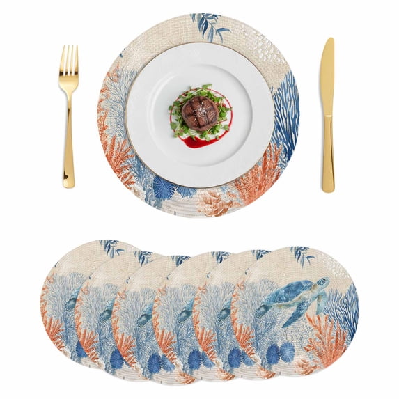 Sea Turtle Coastal Round 15 Inch Placemats Set of 6, Summer Beach Coral Nautical Farmhouse HeatResistant Non Slip Place Mats for Dining Table, Wipeable Braided Kitchen Table Mats for Housewarming