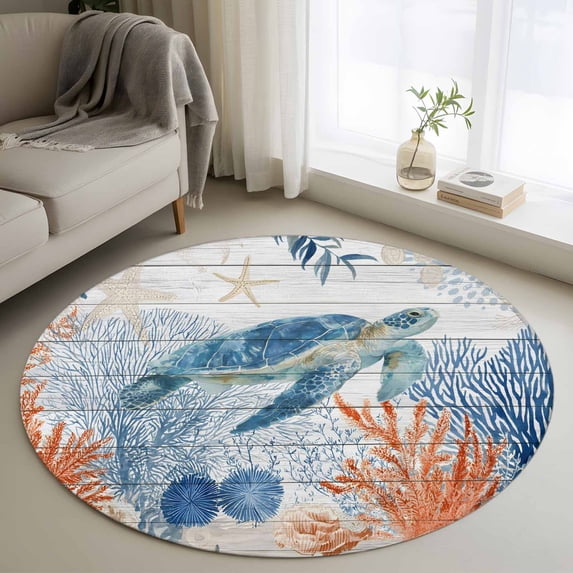 Sea Turtle Coastal Round Area Rug 3.3Ft Washable Circle Rugs for Dining Room Table, Blue Red Summer Beach Coral Nautical Wood Non-Slip Carpet Floor Mats Indoor Outdoor Carpet Runner Home Decor